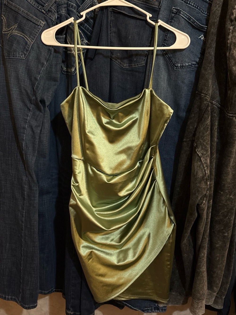 Windsor Olive Green Satin Draped Slip Dress